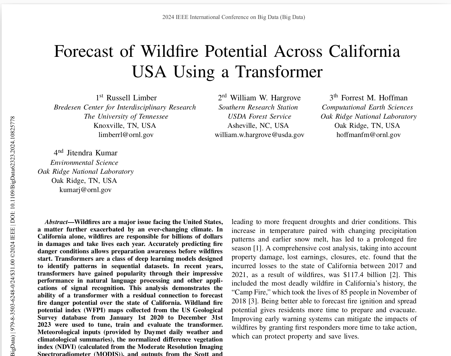 Forecast of Wildfire Potential Using a Tranformer